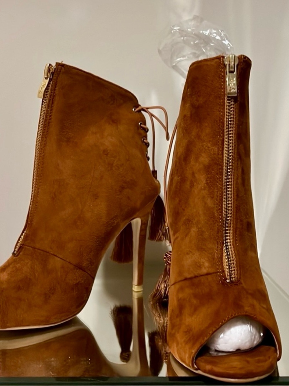 Women’s Suede Open-Toe Ankle Booties in Cognac